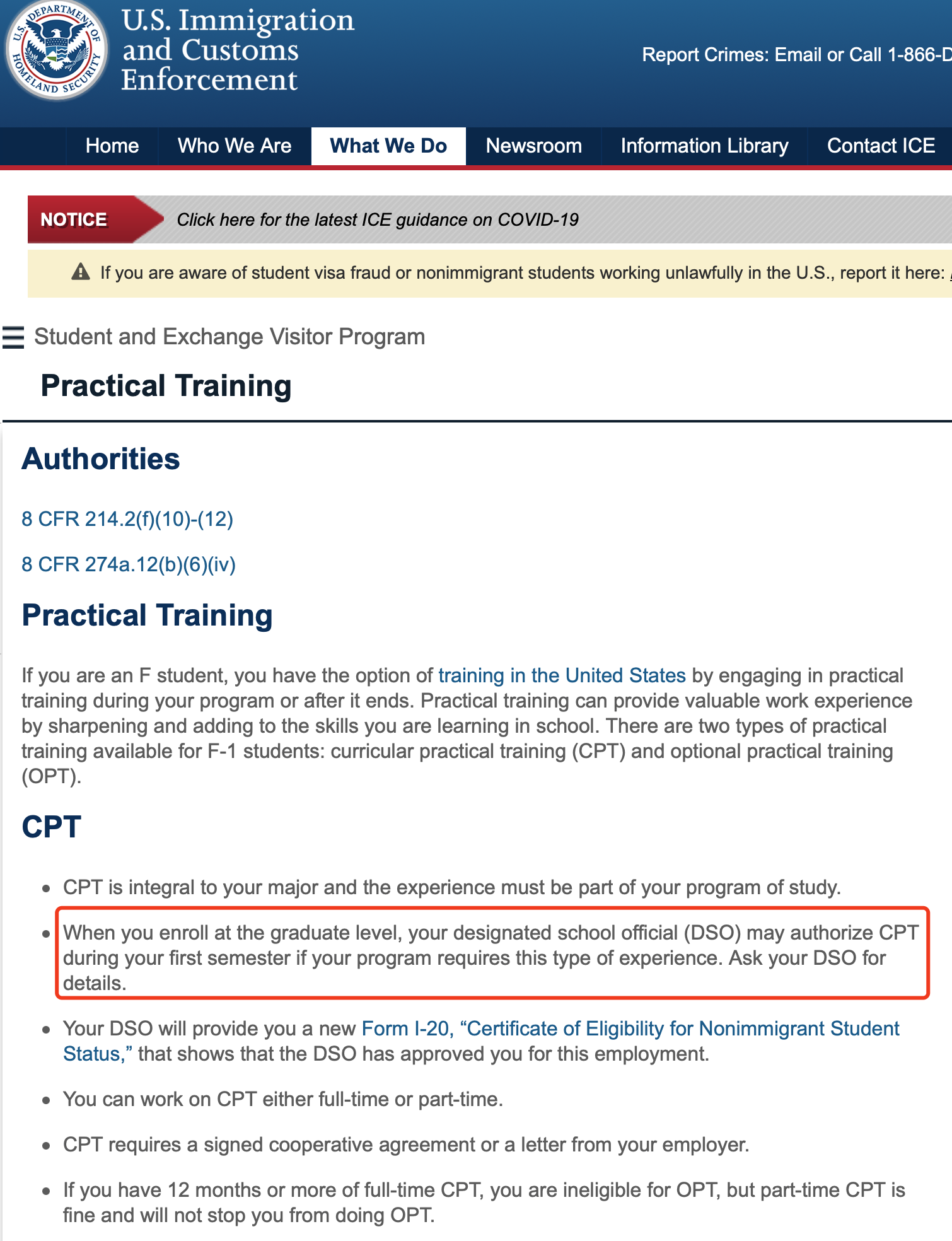 USCIS Regulation about CPT